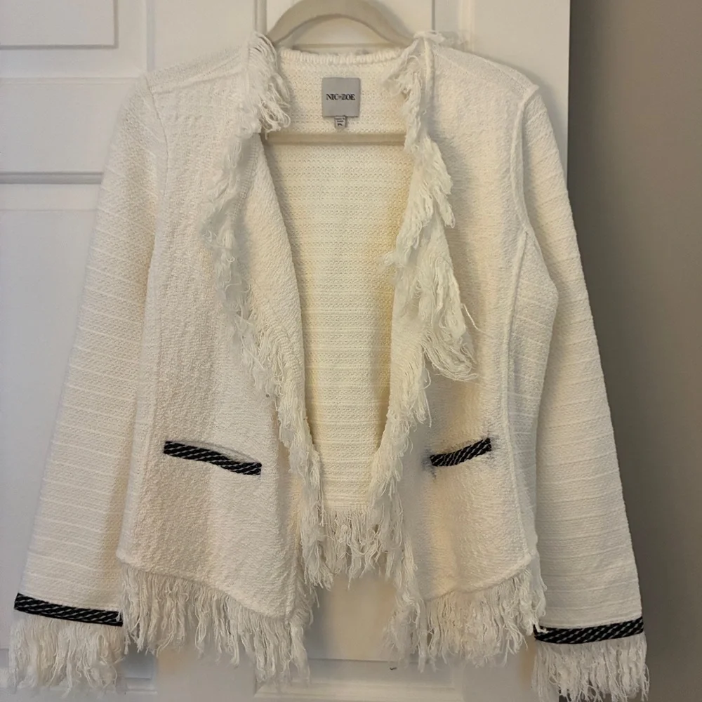 Mic & Zoe Statement Fringe Mix Knit Jacket in Classic Cream White‎ Sz PL